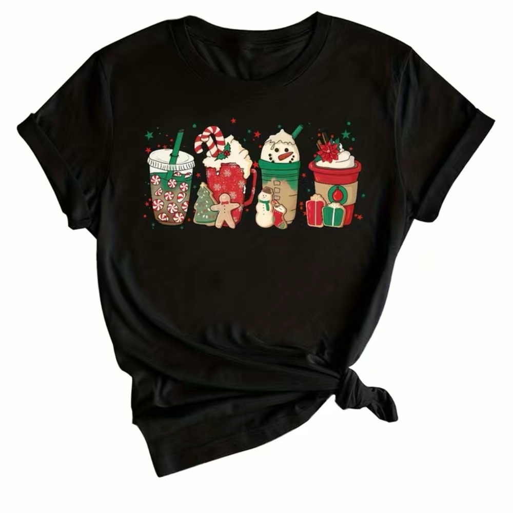 NWT Christmas Coffee Print T-Shirt, 100% Cotton T-Shirt, Coffee Lover